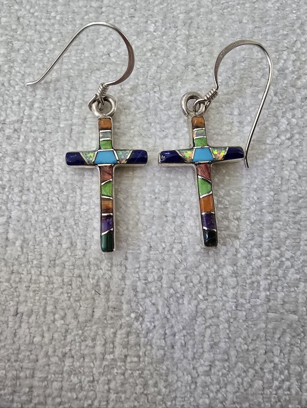 Native American Multi-gemstone Inlay Cross Drop Earrings Sterling Silver